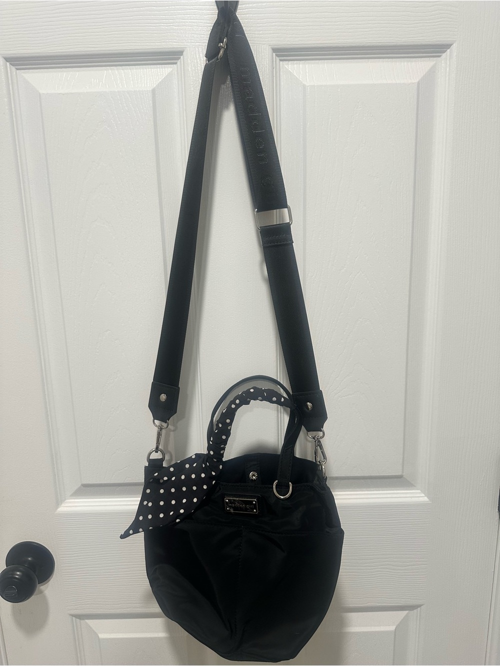 Madden Girl Black Crossbody Bag with Polka Dot Scarf Accent
